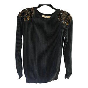 JUSTFAB SEQUIN APPLIQUE SWEATER LONG SLEEVE BLACK SIZE MEDIUM RELAXED SHIMMER